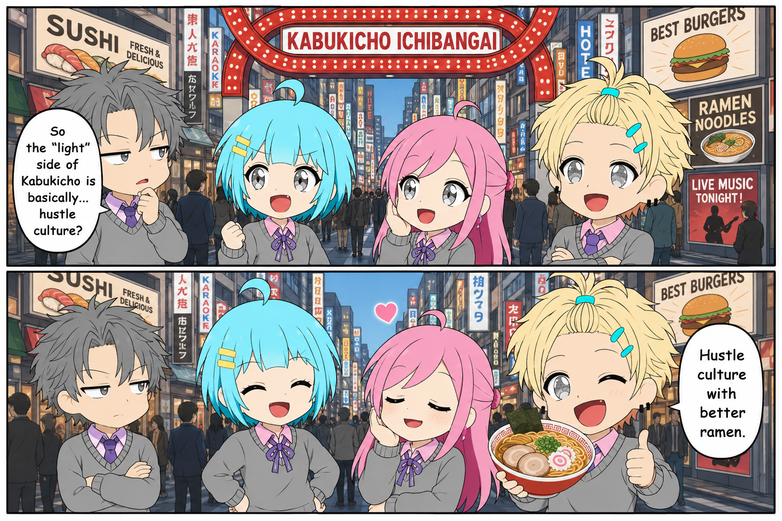 Comic: Hide asks 'So the light side of Kabukicho is basically... hustle culture?' Leo replies with a ramen bowl, 'Hustle culture with better ramen.'